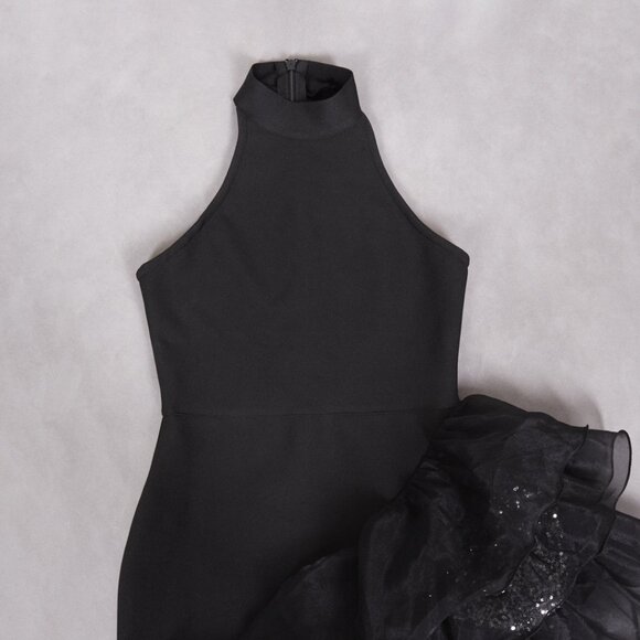 Black Halter Ruffle Sequin Gown - Asymmetrical Maxi Dress! - Picture 9 of 16